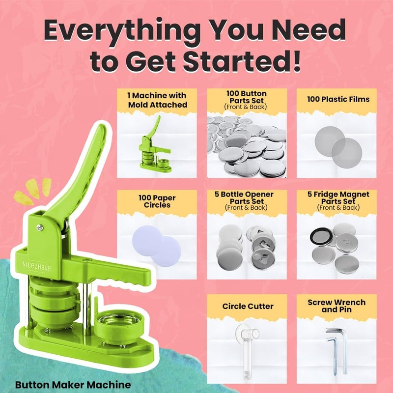 nice2have Button Maker Machine – 2.25 Inch (58mm) – Single Mold, Pin Maker Machine Kit with 100 Buttons, 5 Fridge Magnets, 5 Bottle Openers, Cutters, and 500+ Button Designs for DIY Crafts, Green - Image 3